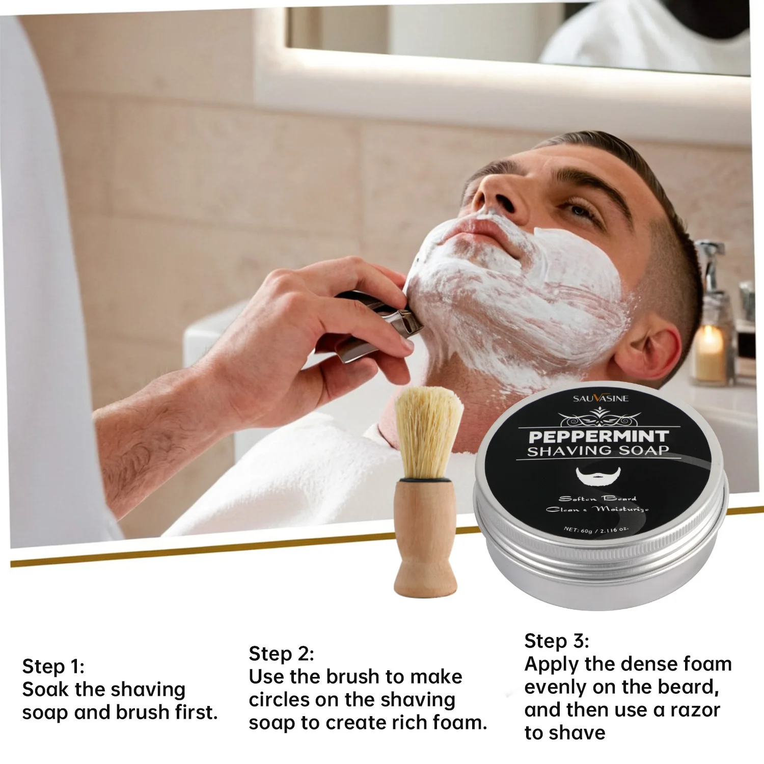 Mint Shaving Cream 60g with Brush Softens Beard for Comfortable Shave Nourishes and Protects Skin Shaving Soap