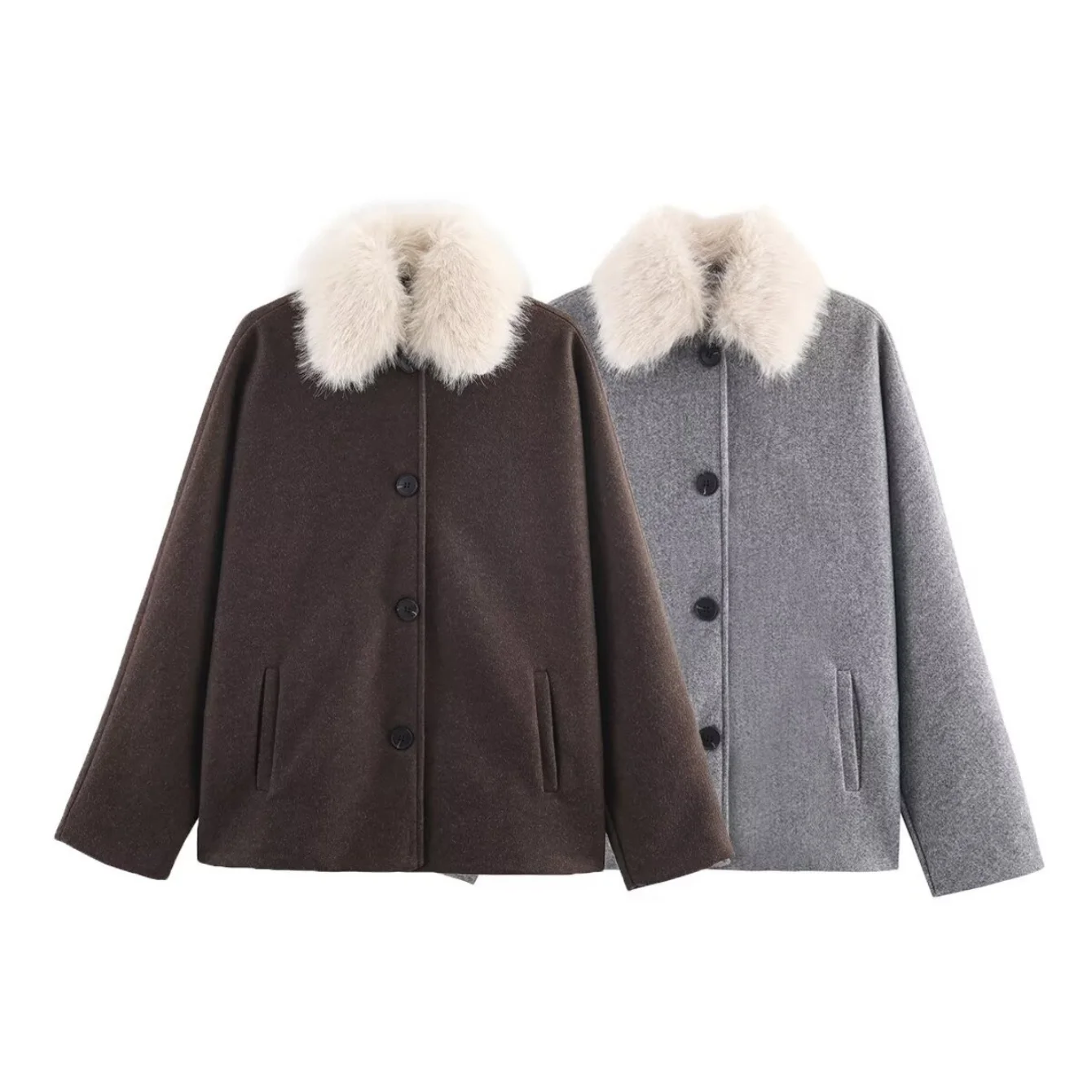 Women Fur Collar Wool Overcoat Female Spring Autumn New Fashion Long Sleeve Button Coat Lady High Street Outerwear solid Jackets