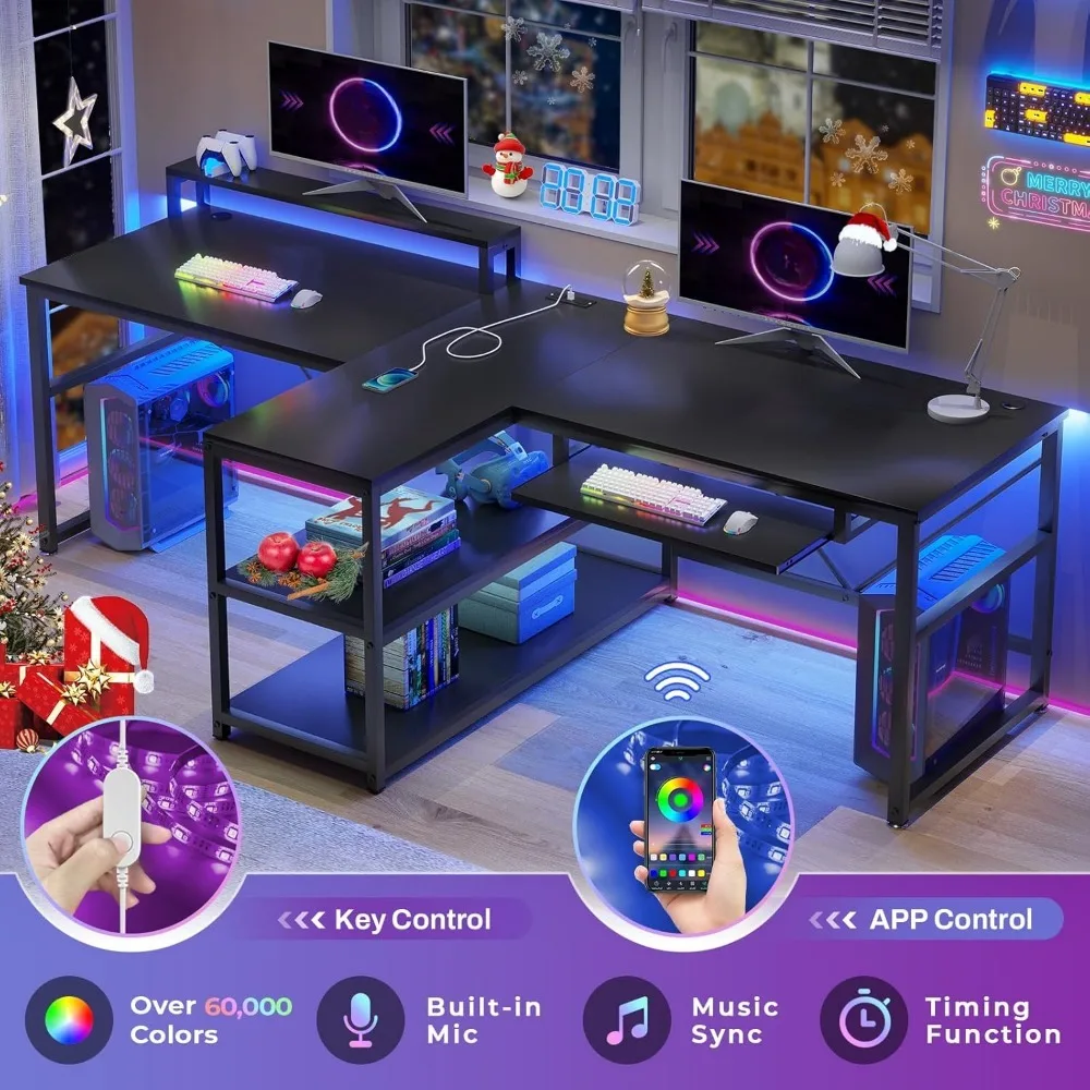 94.5" Office Computer Desk, 2 Person Gaming Desk with Storage, LED Lights, Keyboard Tray, Power Strip with USB & Monitor Stand 3