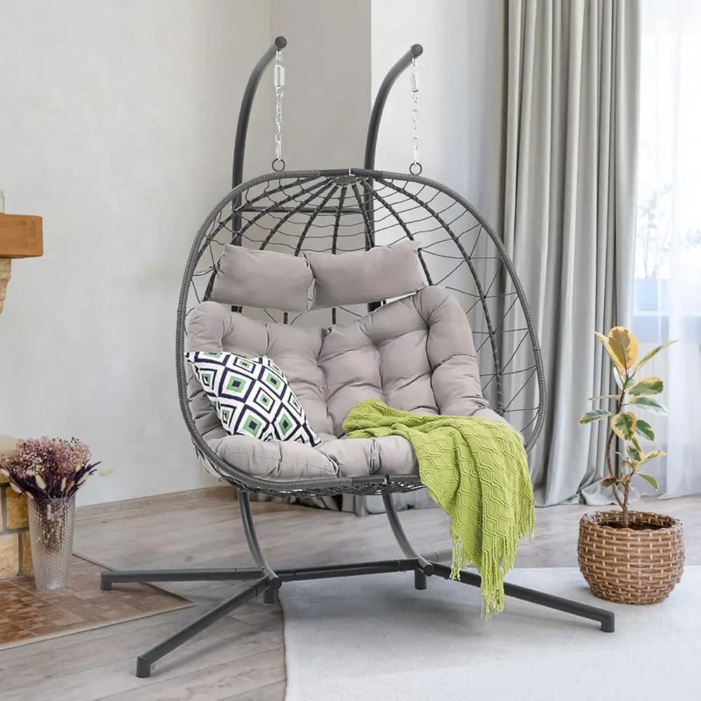 Rattan swing chair Double Rattan Swing Egg Chair with Side Pockets Foldable Hanging Egg Chair with Stand Indoor and Outdoor Chairs