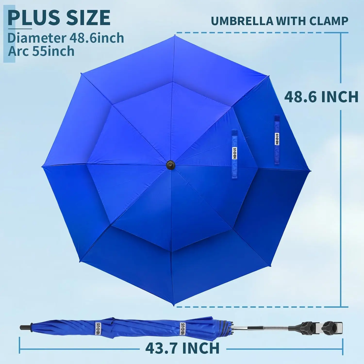 2 Pack 48.6" Double Canopy Beach Umbrella with Clamp, UPF50+ Beach Chair Umbrella with clip, 360°Adjustable(Not Include Chair)