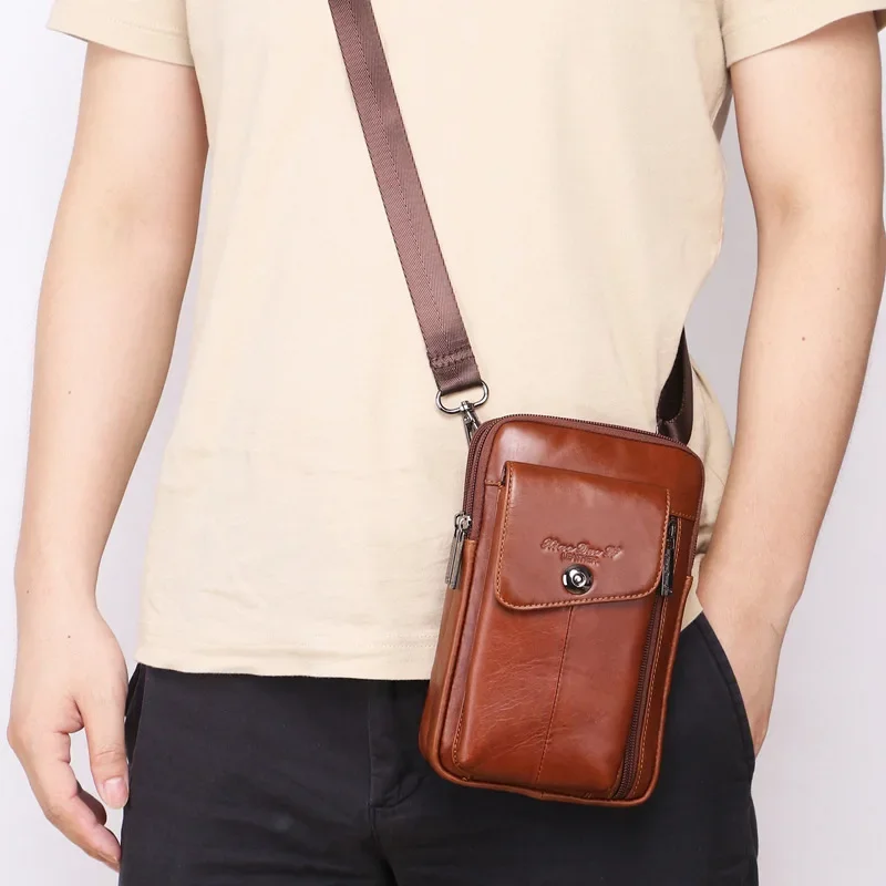 Men's Mini Crossbody Waist Bag Genuine Leather Multifunctional 7-Inch Vintage Shoulder Bags Casual Motorcycle Storage Accessorie - 4