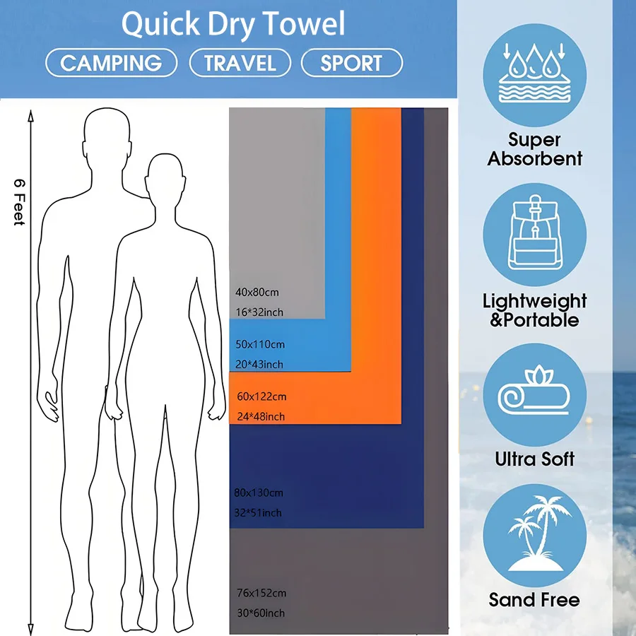 1-pcs Quick drying microfibre sports towel, lightweight and fast drying travel towel, ideal for camping, hiking, gym, yoga. 2