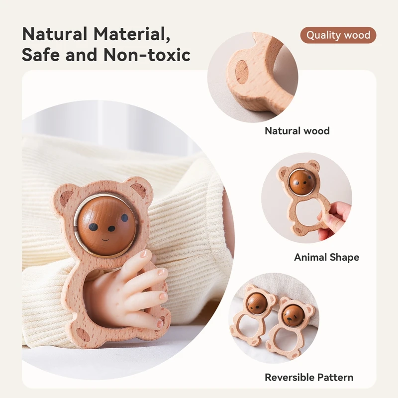 Baby Wooden Cartoon Bear Rattle Toy Newborn Teeth Chew And Grind Toys BPA-Free Crib Music Soothing Toys Newbaby Christmas Gift 4