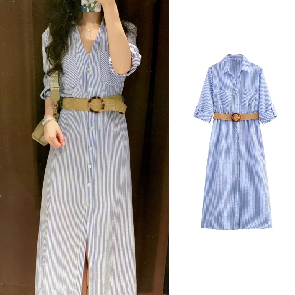 

BSK&TRAF Women's 2024 New Style Breasted Closure Patch Pockets Belt Striped V Lapel Shirt Dress 8351025