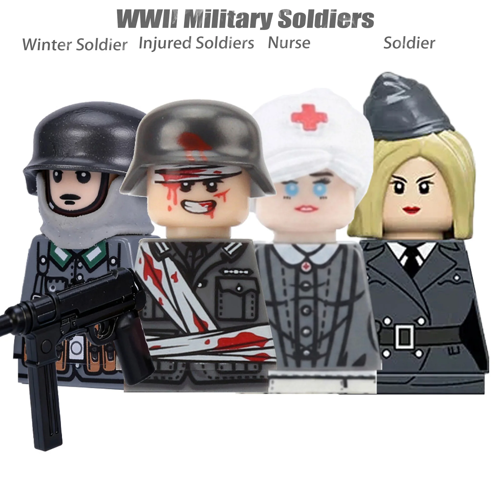 WW2 Military Camouflage Soldiers Building Set with Weapons and Helmets
