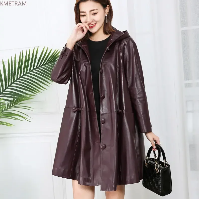 

M-6XL Real Leather Jacket for Women 100% Genuine Sheepskin Coat Hooded Leather Jackets Loose Leather Coat Jaqueta Feminina SGG