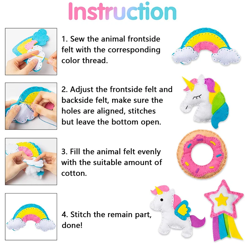 Sewing Craft Kit 5Pcs Unicorn Sewing Kit for Kids Donut Rainbow Cloud Shooting Star DIY Art Craft Felt Kits Early Educational Project Supplies