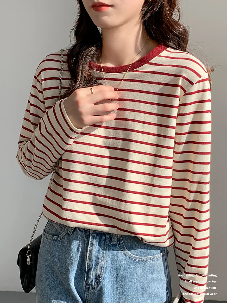 

T-Shirt Woman Korea Loose Cotton T Shirt Women 2022 Autumn Casual Top Tee Green Black Striped Long Sleeve Tshirt Basic Winter