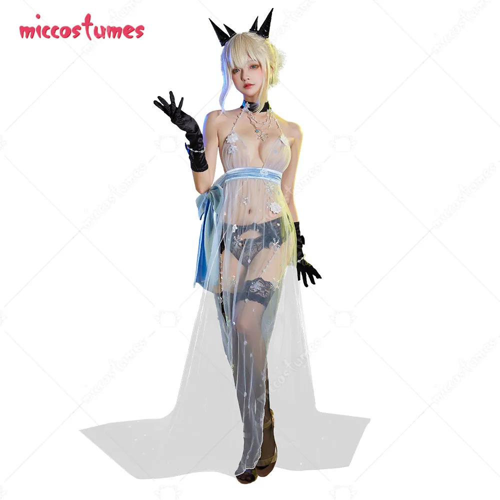 

Women Artoria Pendragon Sexy Lingerie Set Cosplay Costume Translucent Tulle Dress and Panty with Stockings and Gloves