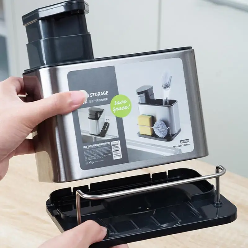 Soap Dispenser Stainless Steel with Sponge Holder Multifunctional Kitchen Sink Organizer Dish Detergent Brush Sponge