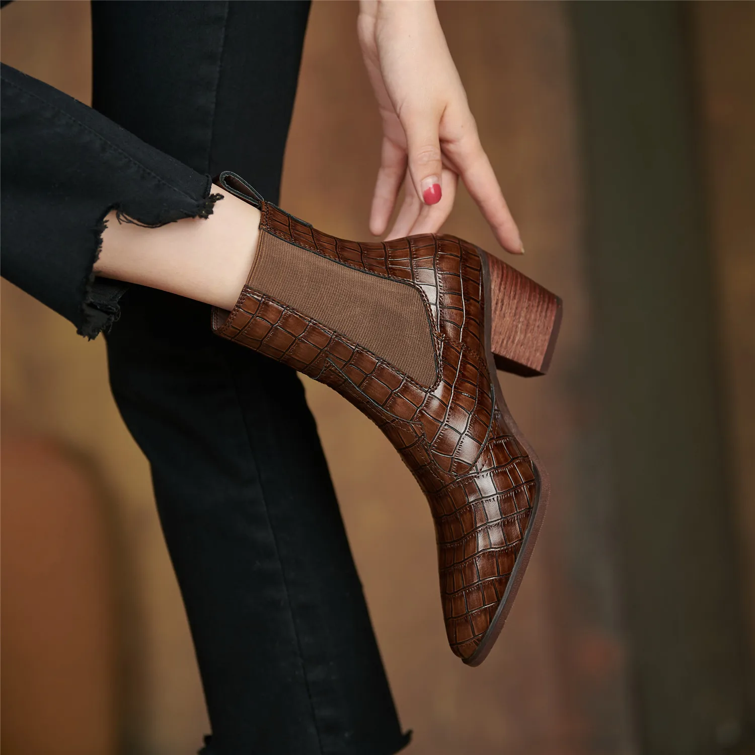 Cowboy Ankle Boots for Women Luxury Cow Split Genuine Leather Block High Heel Elastic Band Short Booties Goth Brown Black Shoes