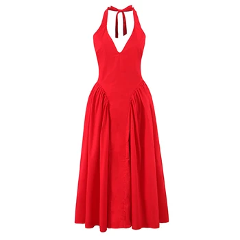 YENKYE Red Elegant Slim Evening Party Dresses Women Sexy Backless Low Waist A-line Midi Long Halter Dress Cotton Robe 1