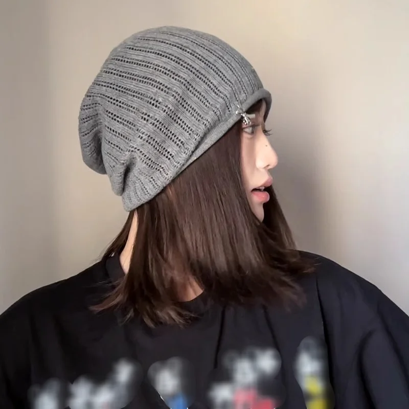 Korean Version Color Dot Thin Striped Toe Cap For Women Versatile For Spring And Summer Knitted Cold Cap Trendy Pullover Cap_voghion.com