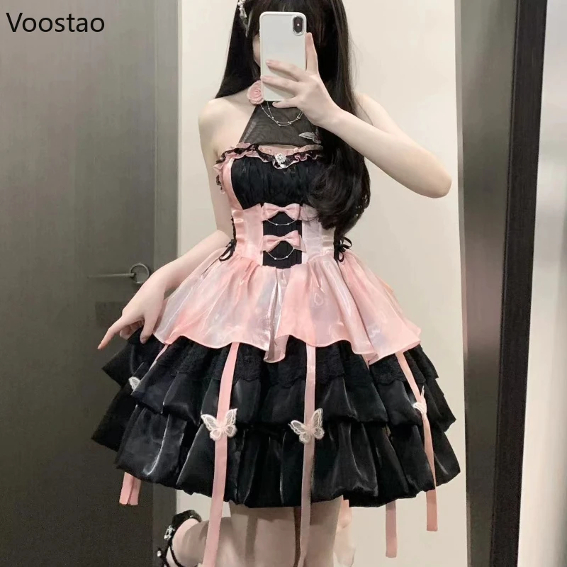 Vintage Victorian Lolita Princess Mini Dress Women Gothic Y2k Bow Lace Ruffles