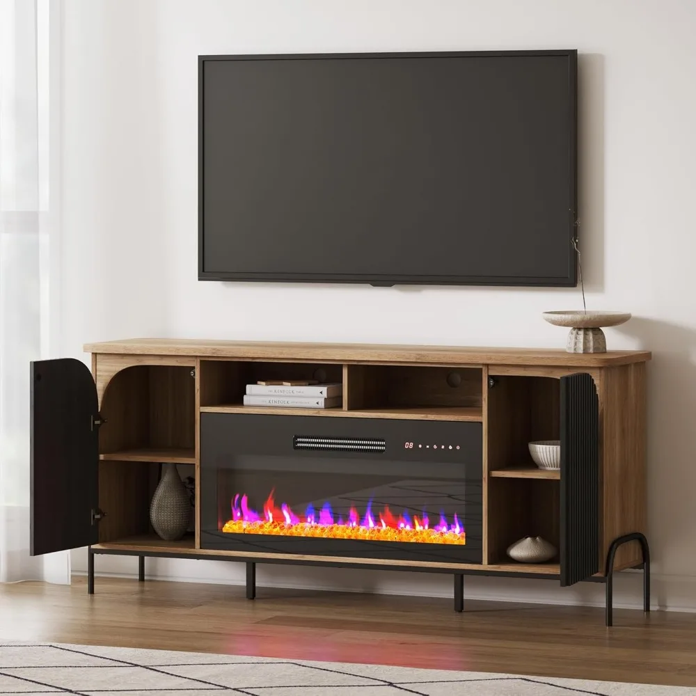 68" Fluted TV Stands with 36" Electric Fireplace, Modern Entertainment Center with Storage for TVs Up to 75", Media Cons 4