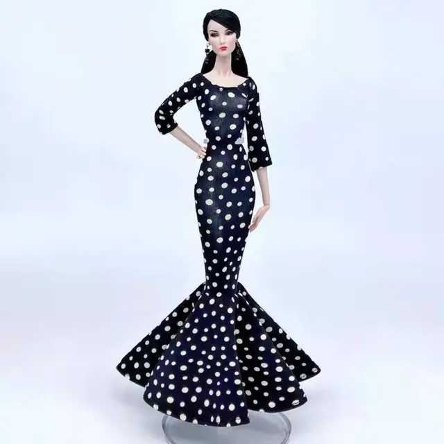 1/6 BJD Dolls Accessories Classic Black Longsleeve Dotted Polka Dress For Barbie Clothes Princess Fishtail Party Gown Kids Toy 2