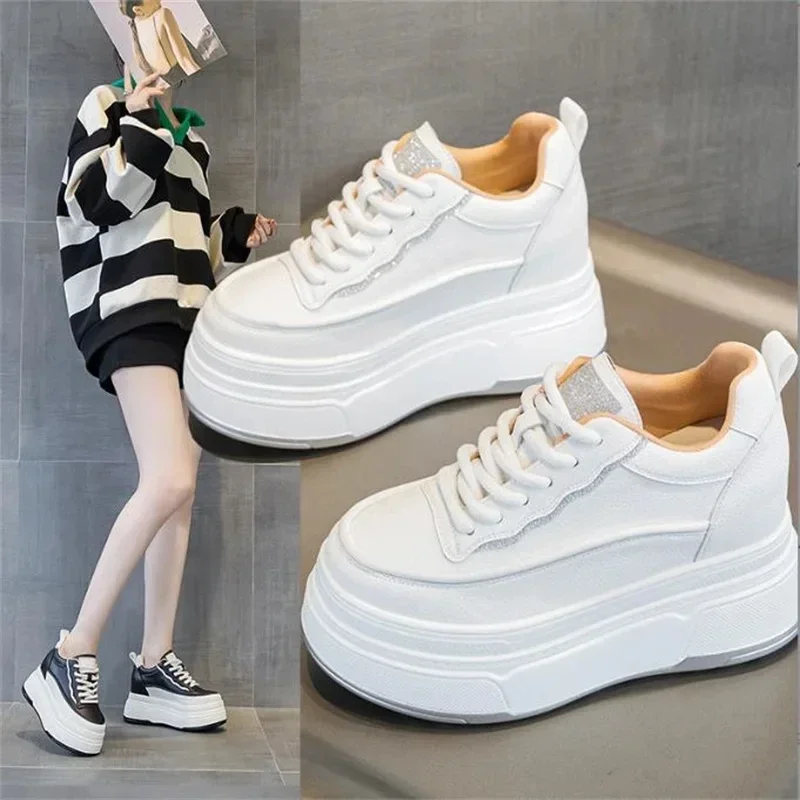 Genuine Leather Flats Casual Sneakers Women 2024 New Chunky Platform Sports Shoes Ladies High Heels Designer Tennis Thick Bottom 2