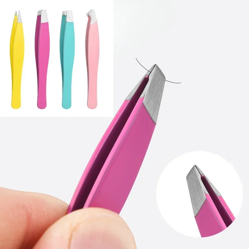 Eyebrow Tweezers Hair Removal Stainless Steel Pink Slanted Black Tip Point Face Harmless Makeup Beauty Tool