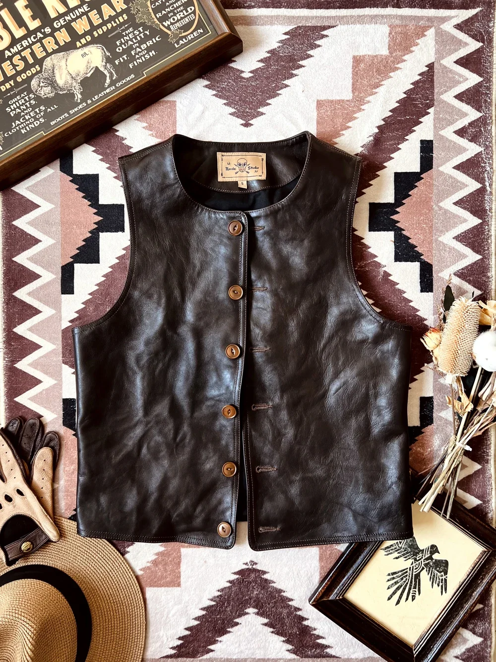 

Tailor Brando Uncoated Calf Leather Crew Neck Minimalist Work Waistcoat 1910s Vintage Leather Tomahawk Vest