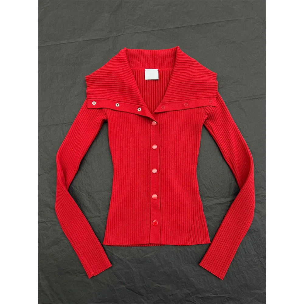 

High Quality! Early spring new retro white red large lapel hundred vertical knit sweater tops women