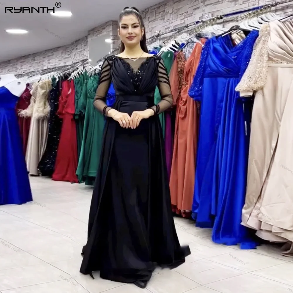 

Ryanth Black Evening Dress for Wedding Party Beaded Satin Long Sleeves A-Line Arabic Mermaid Celebrity Formal Prom Gown