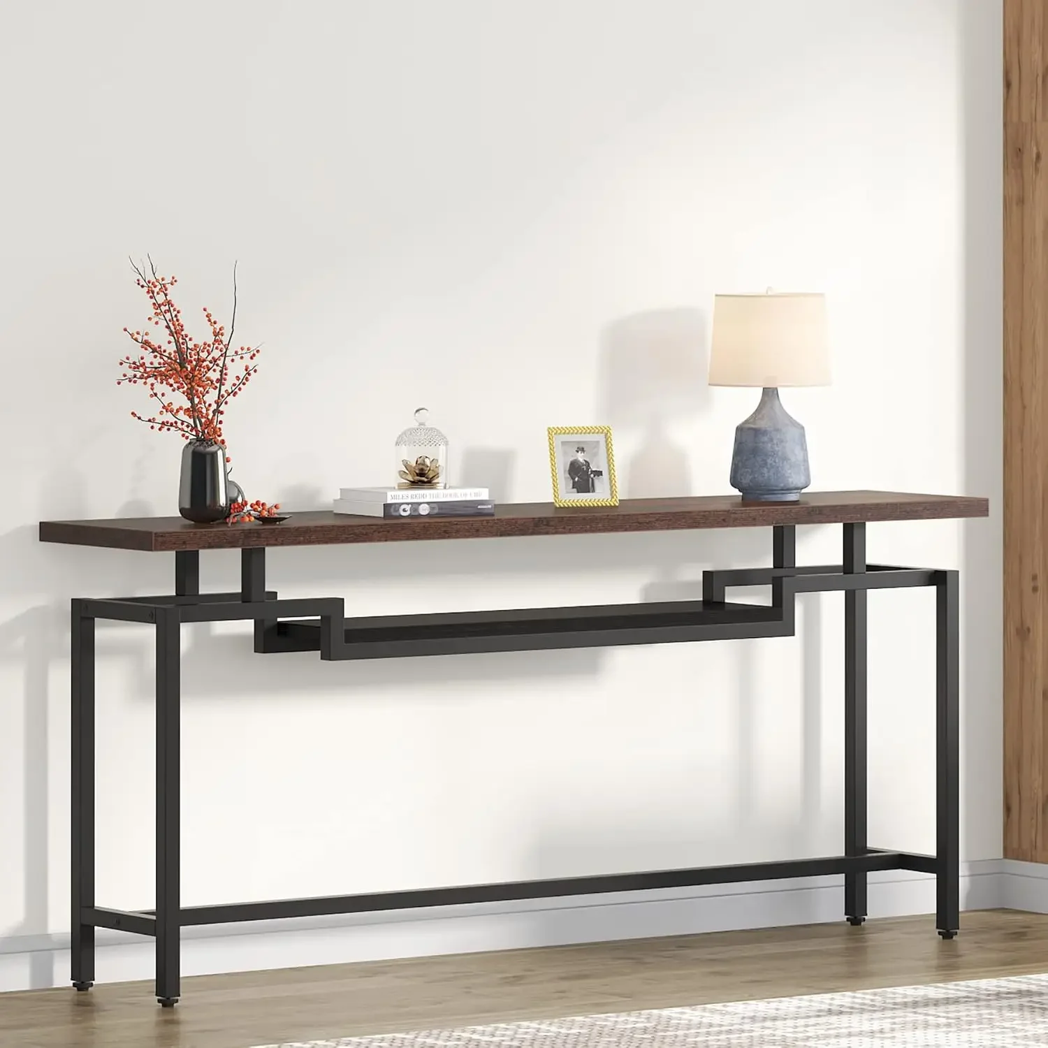 70 inch Sofa Table, Narrow Long Console Table with 2 Tiers, Industiral TV Console Behind Couch Table with Storage for Entryway, 6