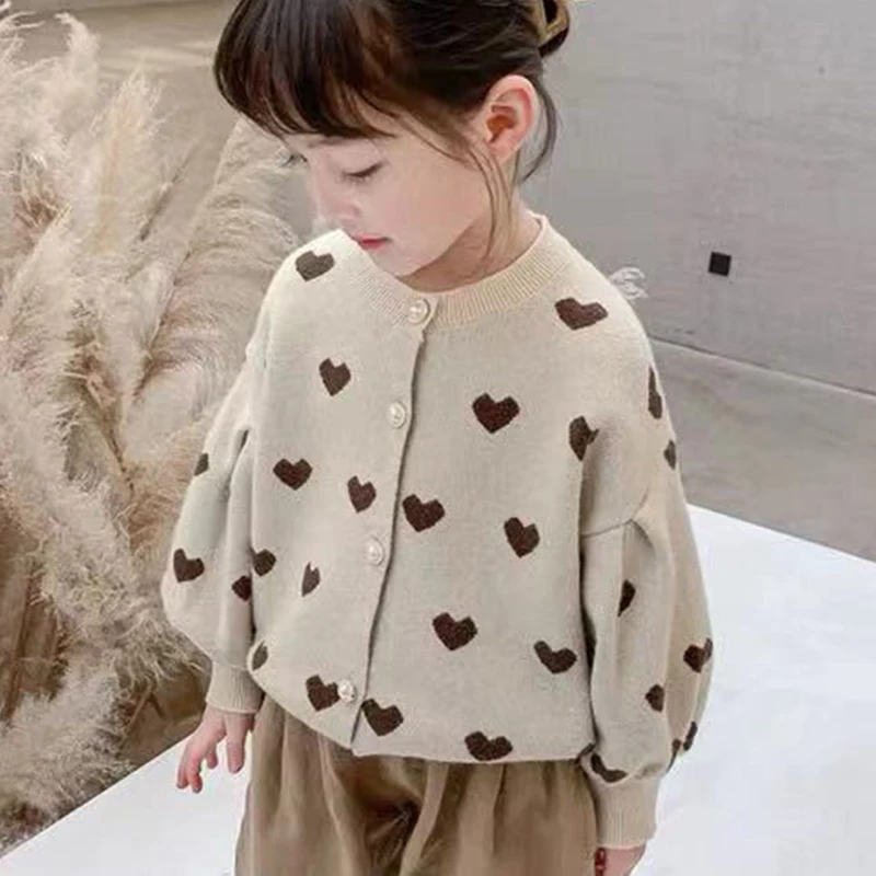 Spring Autumn Korean Loose All Match Girls' Cardigan Sweater Aesthetics Long Sleeve O-Neck Kids Knitting Top Fashion Coat