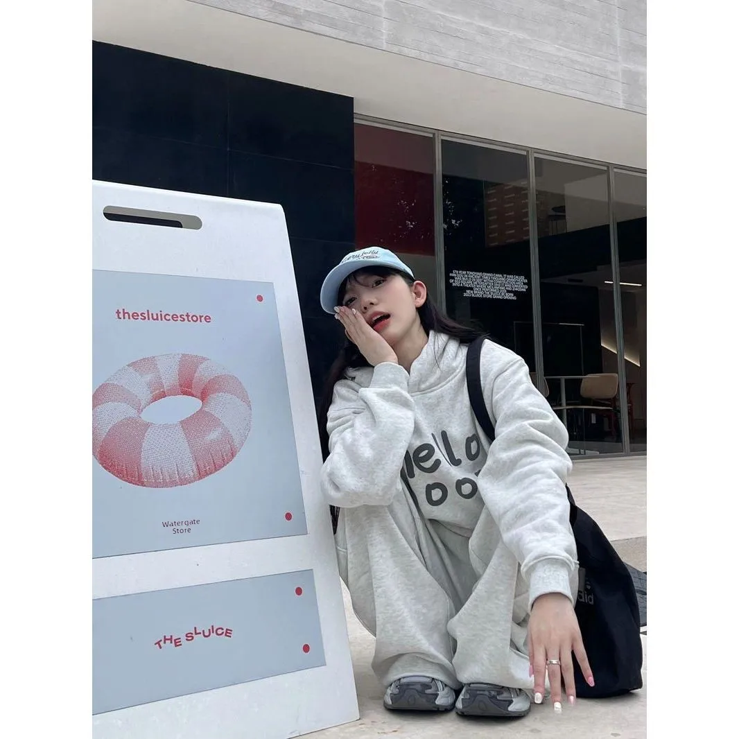 Autumn Winter New Style Light Grey Hoodie Women's Loose American Design Printed Casual Versatile Top Trendy Korean Version