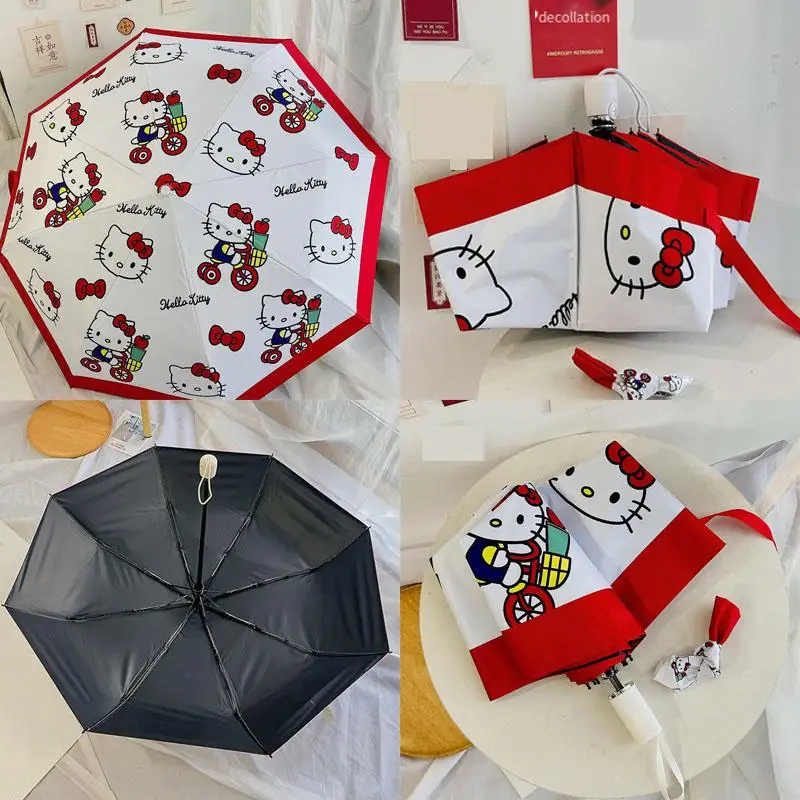 

Sanrios Hellokittys Sun Umbrella Red Splicing Fully Automatic Umbrella Fold Convenient Cartoon Kawaii Sun Protection Anti-Uv