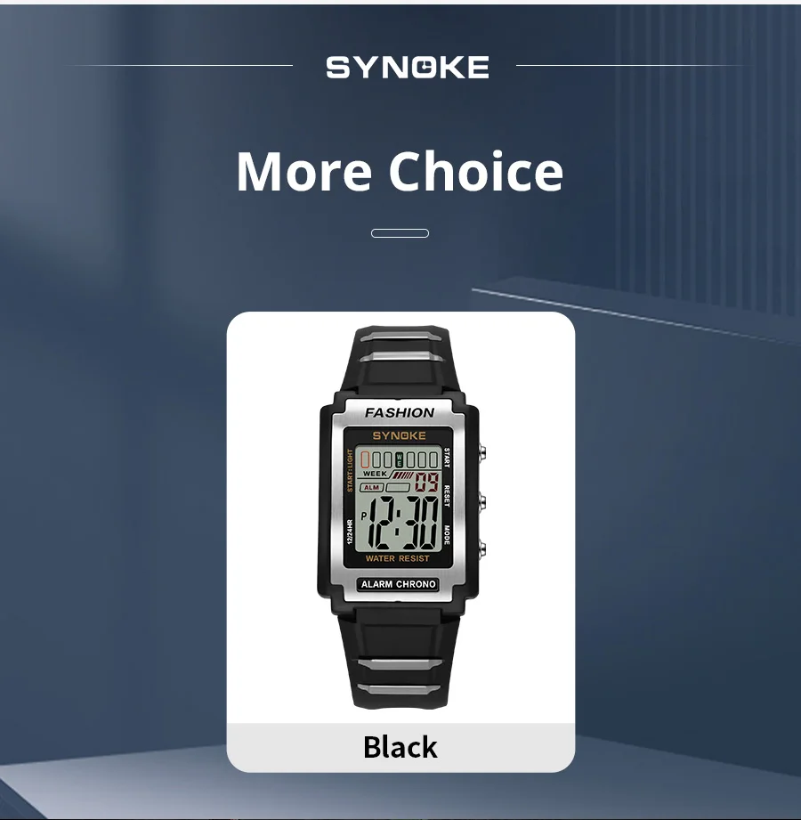 Synoke herren rechteckig sport elektronische uhr wasserdicht 50m nachtlicht großbild wecker trend retro stil – Detail 12