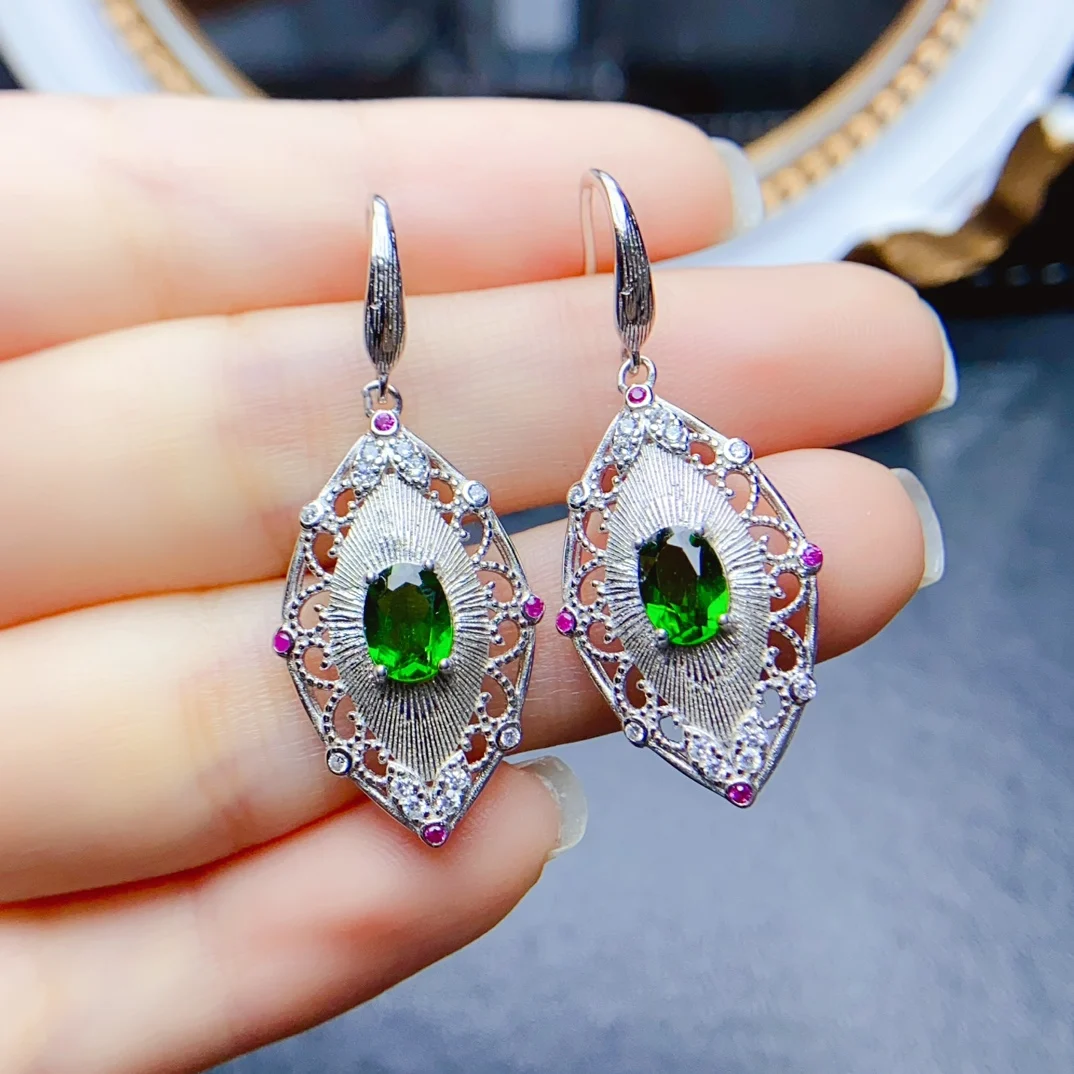 

FS 5*7mm Natural Diopside S925 Sterling Silver Earrings for Women Fashion Fine Charm Weddings Jewelry With Certificate MeiBaPJ