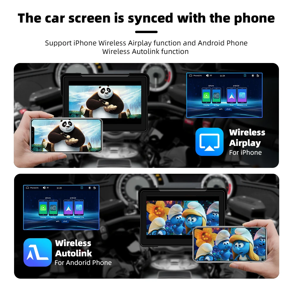 EKIY 7 인치 Carplay 오토바이 휴대용 무선 CarPlay 안드로이드 자동 화면 미러링 화면 오토바이 네비게이션