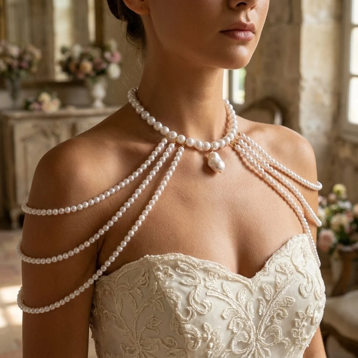 Imitationsperlen-Schulter-Choker-Halskette für Damen, elegante mehrschichtige Perlen-Quasten-Körperkette, schicker Sommer-Hochzeits-Körperschmuck – Detail 4
