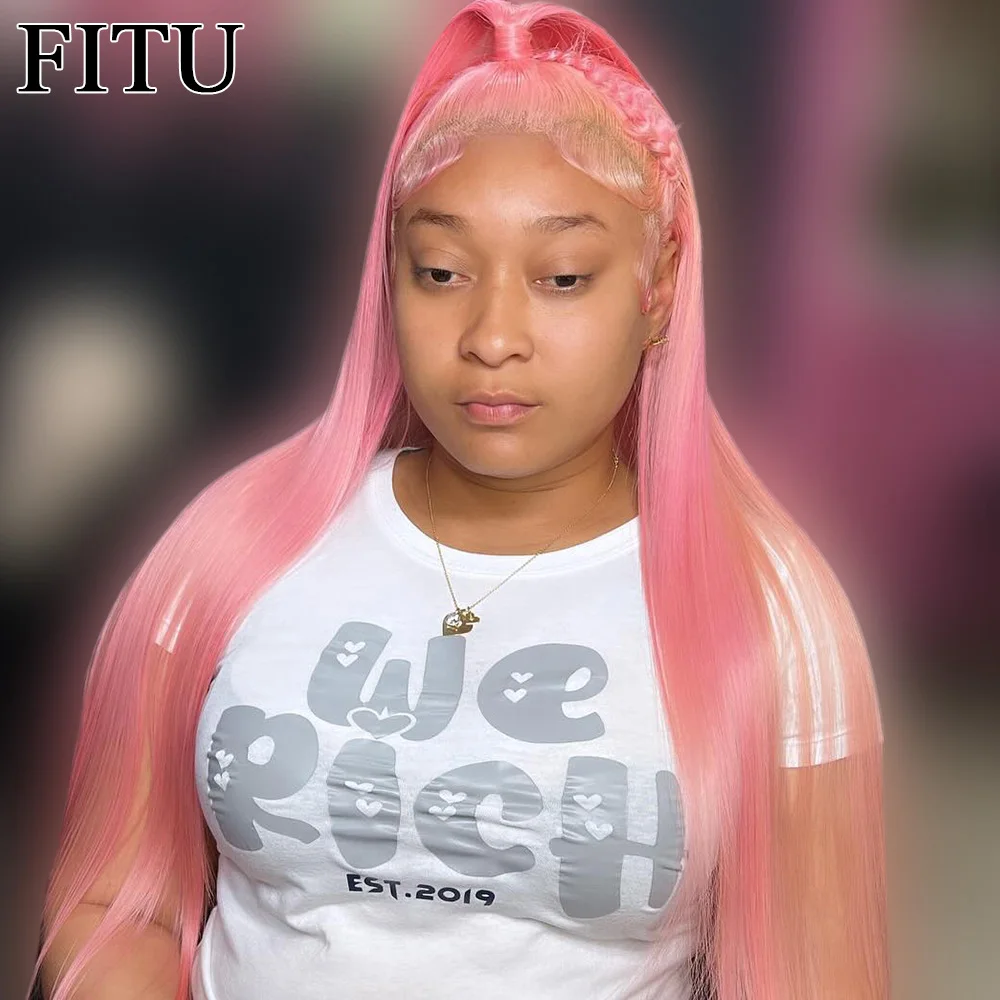 

FITU Pink Transparent 13x6 13x4 Lace Frontal Human Hair Wig 613 Colored Plucked With Baby Hair 5x5 Lace Closure Wig