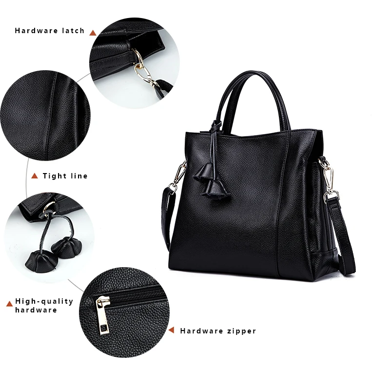 Women's Woven Leather Tote Bag - Small Crossbody Satchel, Microfiber & Cowhide, Multi-Pocket, Black - View #3
