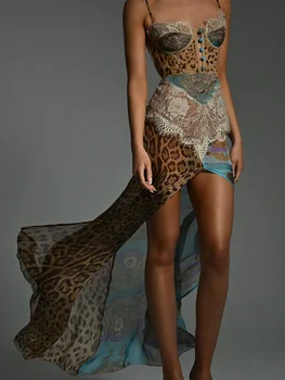 Abito in pizzo patchwork stampato leopardato Abito da donna irregolare trasparente con bottoni Sling Abiti 2025 Abiti da festa estivi sexy in spiaggia Nuovo 1