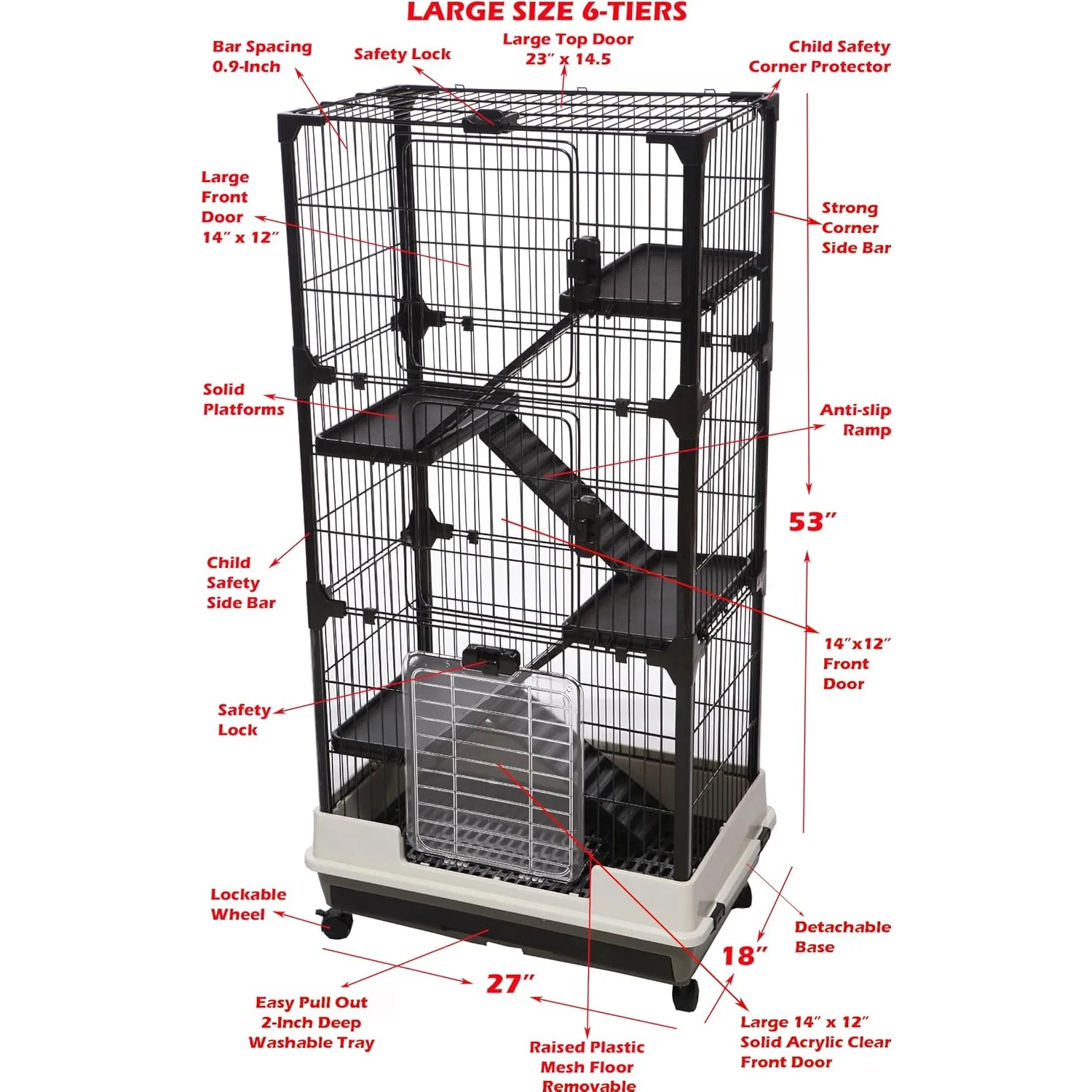 Large 5-Level In/Outdoor Small Pet Cage with Solid Platform Ramp Leakproof Litter Easy Clean 2-Inch Deep Tray Lockable Casters 2