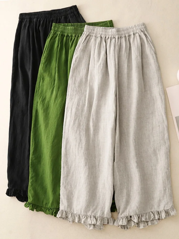 Japanese Sle Artistic Cotton Linen Wide Leg Pants Women Summer Elastic Waist Slimming Casual Straight Nine Points Pants