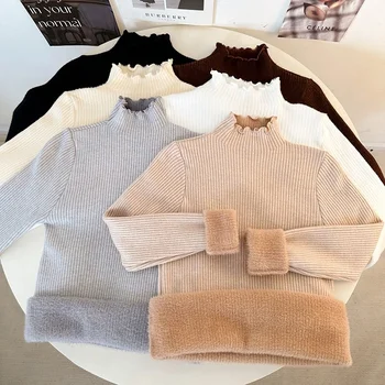 السيدات طويلة الأكمام الصوف مبطن سميكة الدافئة لاعبا 2025 المرأة الشتاء الياقة المدورة سترة الإناث الصلبة Ruched بلوفر مغزول 2