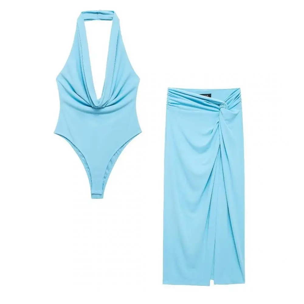 

Women Summer Sexy Blue Sleeveless Backless Halter Neck Bodysuit Female New Fashion Solid Color Chic Slim Ruffle Slim Jumpsuit