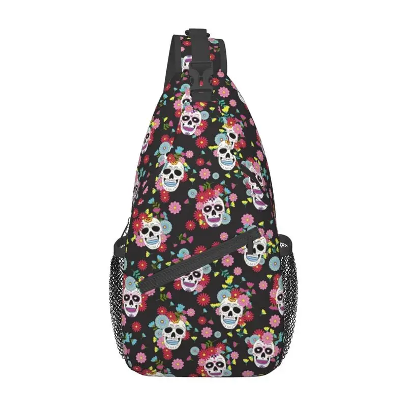 

Sugar Skull Pattern Sling Chest Bag Custom Cute Mexican Floral Shoulder Crossbody Backpack for Men Traveling Daypack