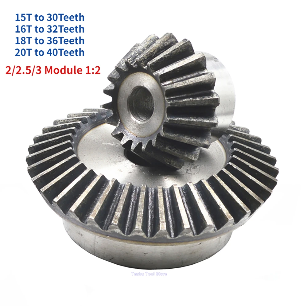 

1 Pair 2/2.5/3Mod 90Degree Bevel Gear 45# Steel 15/30T 16/32T 18/36T 20/40Teeth Meshing Angle Gear Process Bore Speed Ratio 1:2