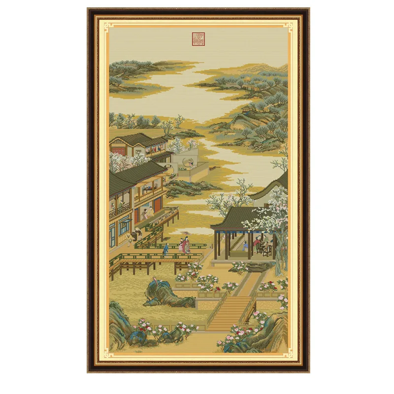 Ancient Chinese Landscape Cross Stitch Embroidery Kit Yongzheng Twelve Seasons Painting Cotton Thread Diy Needlework Decor