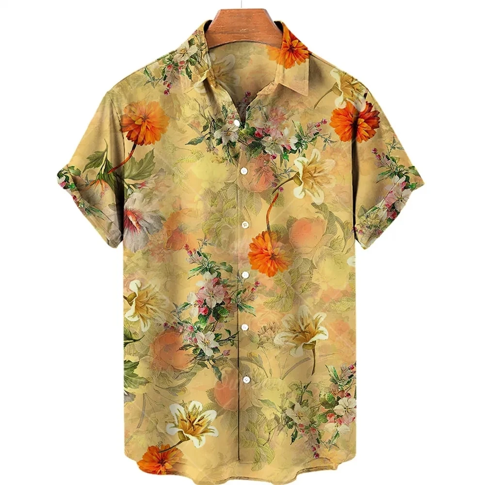 

Hawaiian men's short sleeved floral shirt, 3D flat printed shirt, vintage casual top, beach vacation and fishing, 2024