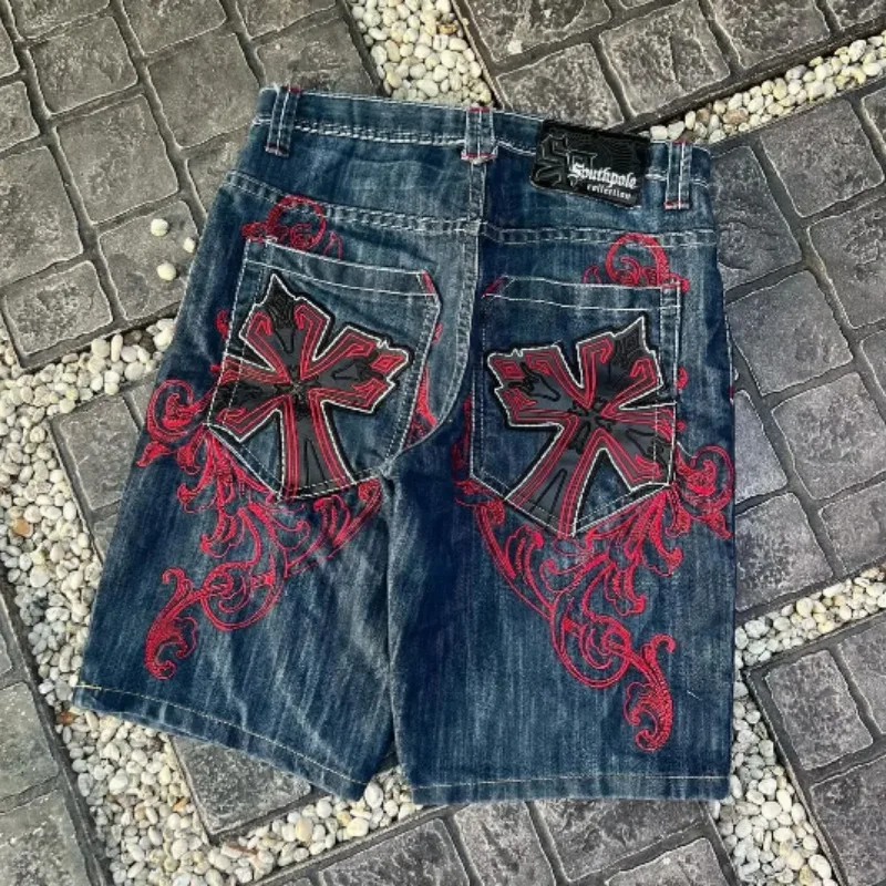 Cross hot diamond embroidery oversized denim shorts for men summer comfortable casual skateboarding