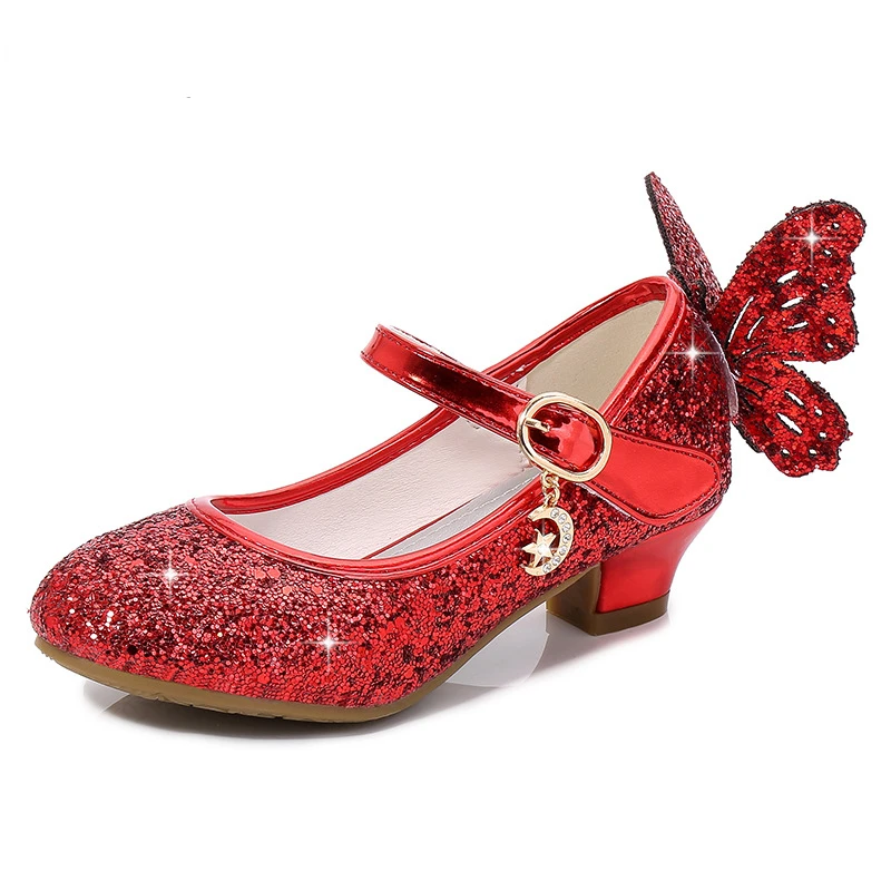 Fashion Girls Party Dance Shoe Princess Butterfly Leather Shoes Kids Diamond Bowknot High Heel Children Girl Dance Glitter Shoes