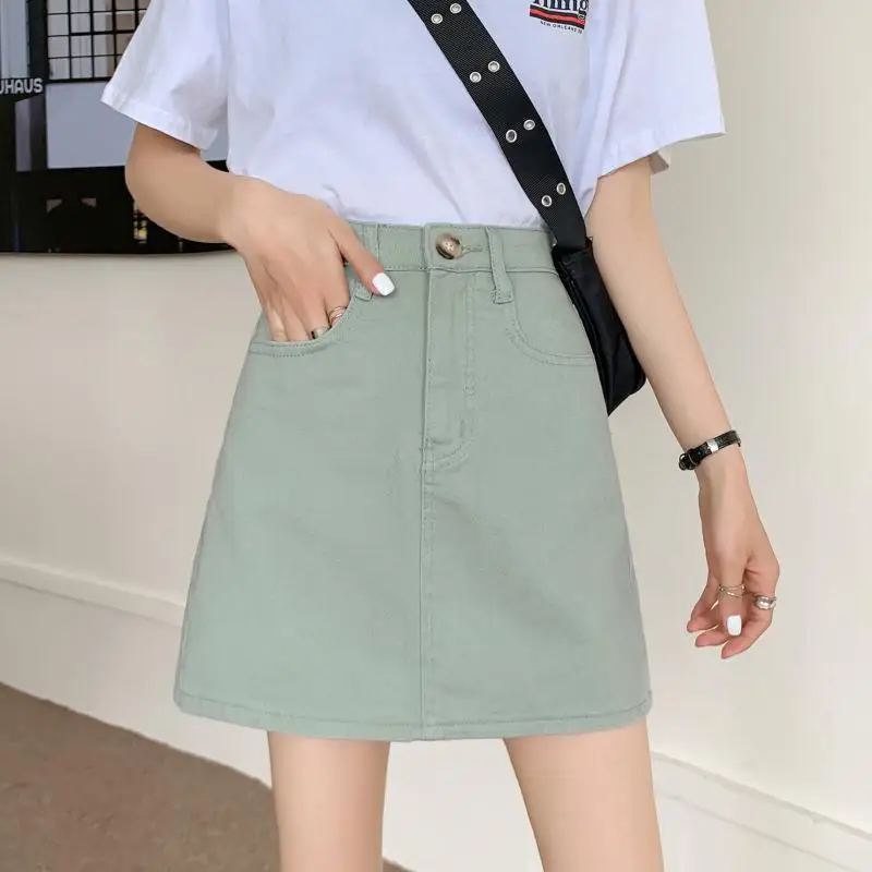 Ailegogo New Summer Women High Waist A-line Light Green Short Denim Skirt Casual Female Solid Color Basic Short Jeans Skirts mini skirts for women