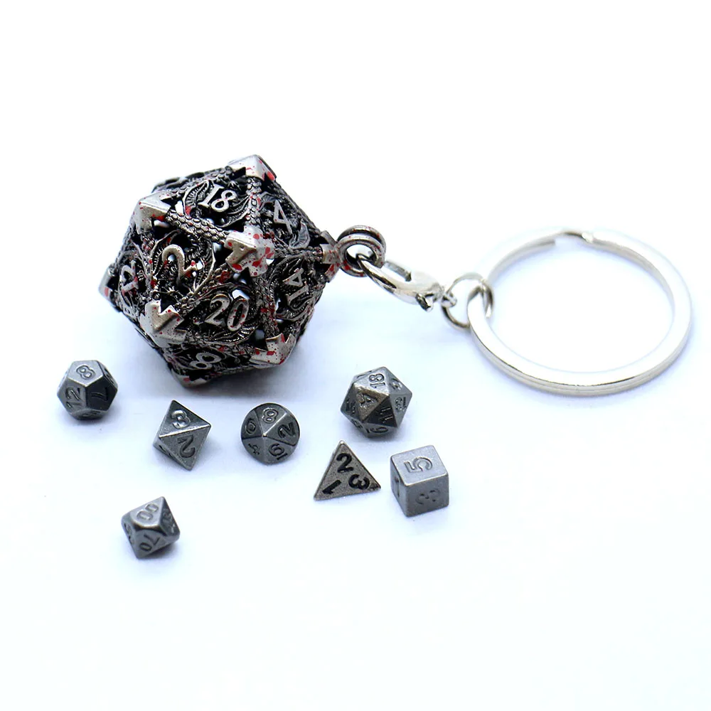 Dice Set D20 Metal Hollow Box+7pcs Metal Dice Set Portable Board Game Dice Mini Kit