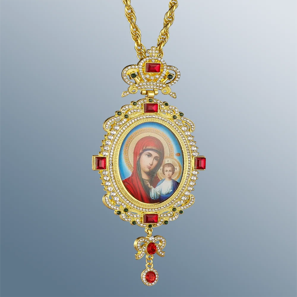 Diyalo Mode Elliptischer Brustanhänger Halskette mit Roten Strasssteinen 120cm Kette Christliche Kirchenbedarf – Detail 5